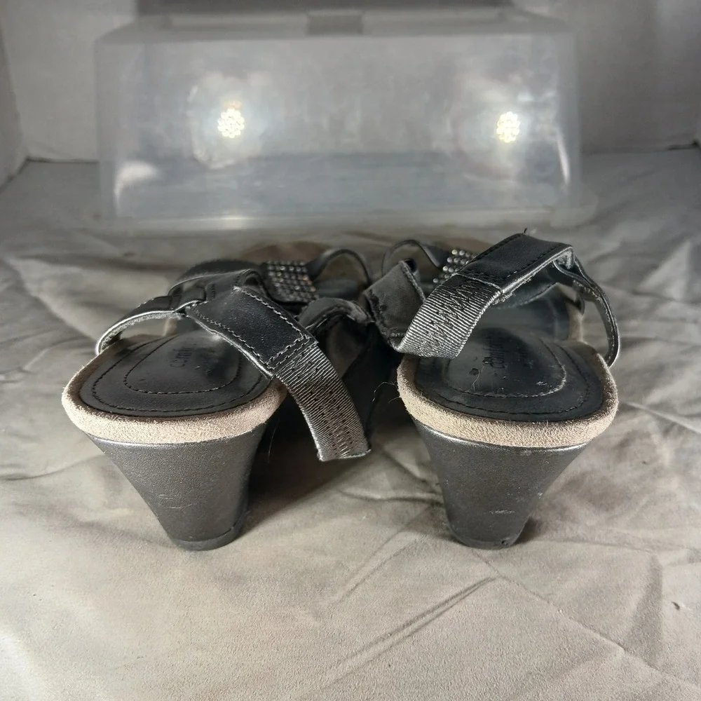 Comfort Plus by Predictions Wedge Sandals 8W Pewter Rhinestone Metallic Glam
